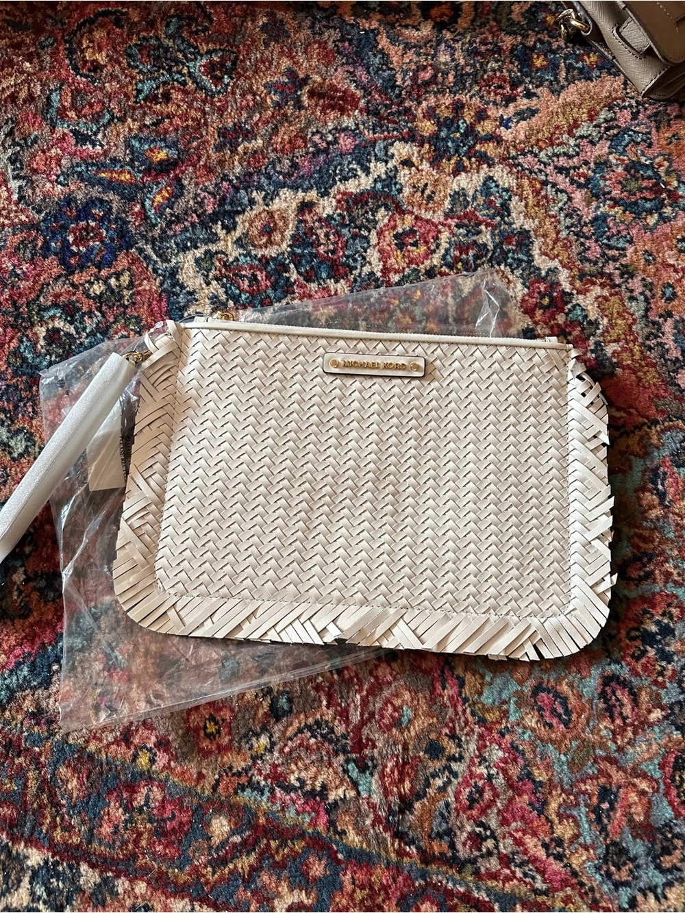 Michael Kors Ivory Woven Wristlet Clutch with Gold Logo
